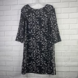 The Limited Black Bird Print Shift Dress 3/4 long sleeves piping size small
